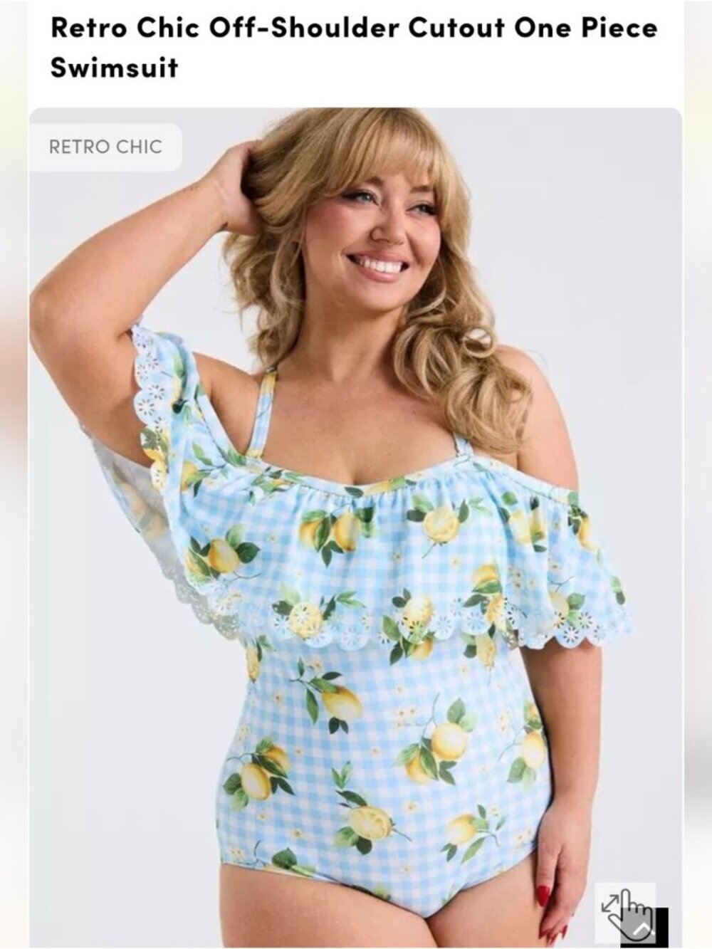Torrid Retro Chic Off-Shoulder One Piece Swimsuit lemons light blue plaid Sz 0x - Picture 5 of 13
